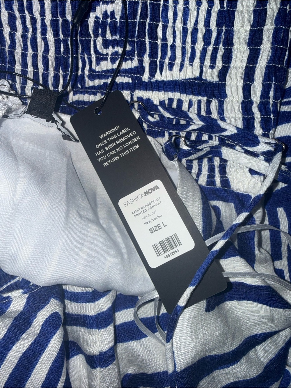 Fashion Nova Blue and White Geometric Tie-Front Jumpsuit - Picture 3 of 3